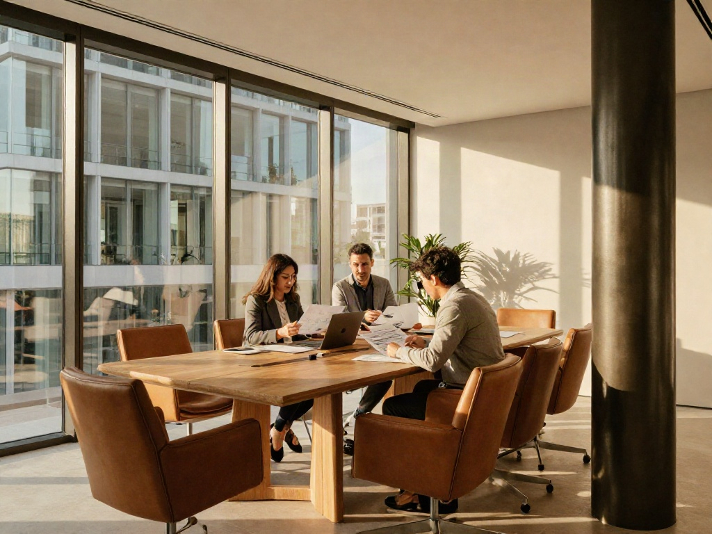 Consultants reviewing business strategy in a sunlit contemporary boardroom